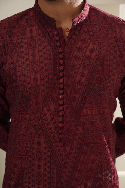 Red Pattern Embroidered Kurta Trouser