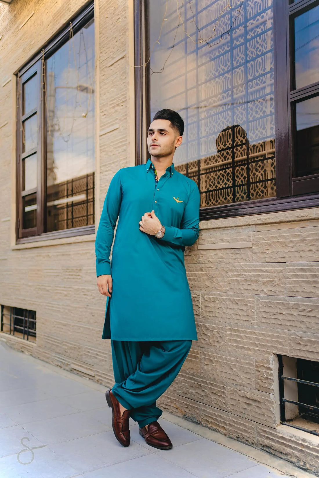 GREEN CUT WAY COLLAR SHALWAR KAMEEZ