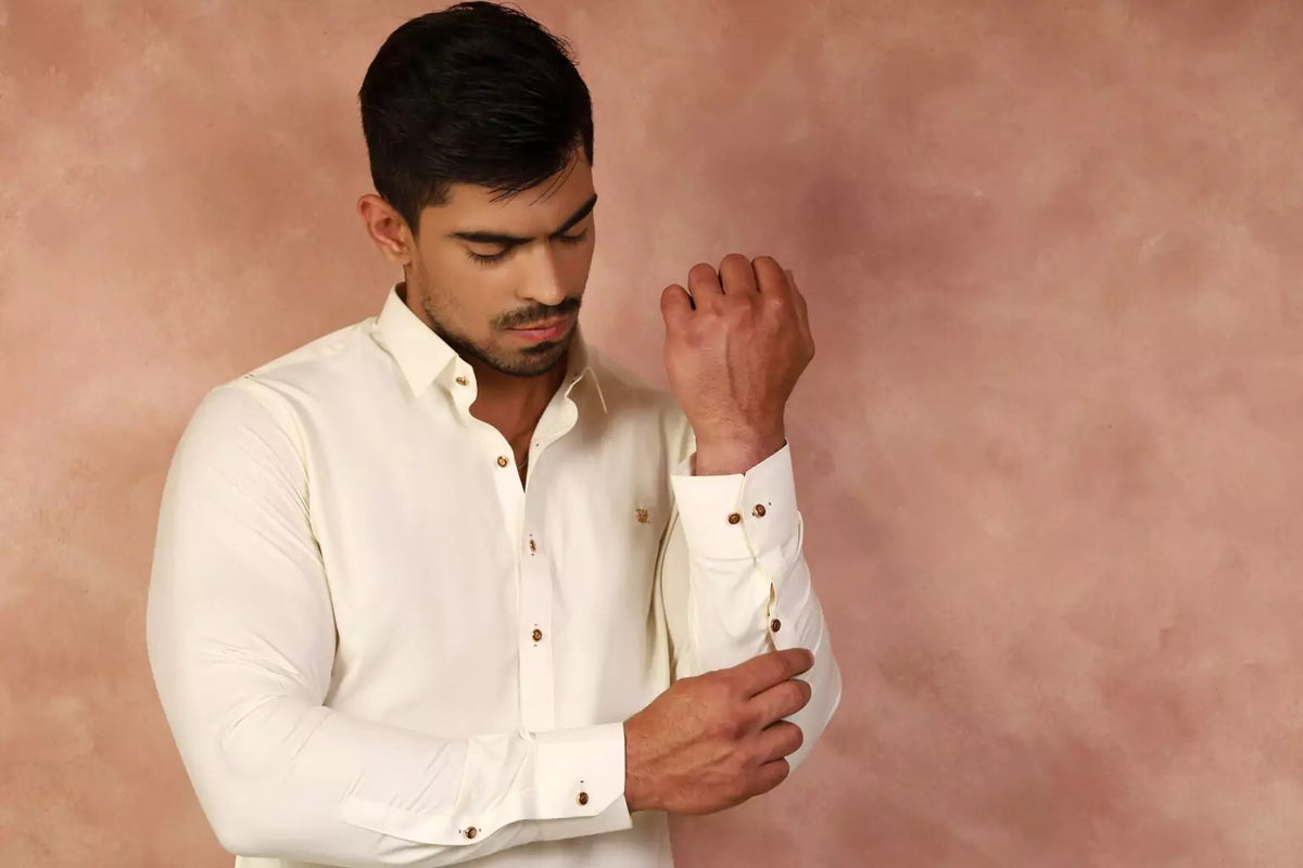 CREAM COLLAR SHALWAR KAMEEZ WITH SIGNATURE LOGO