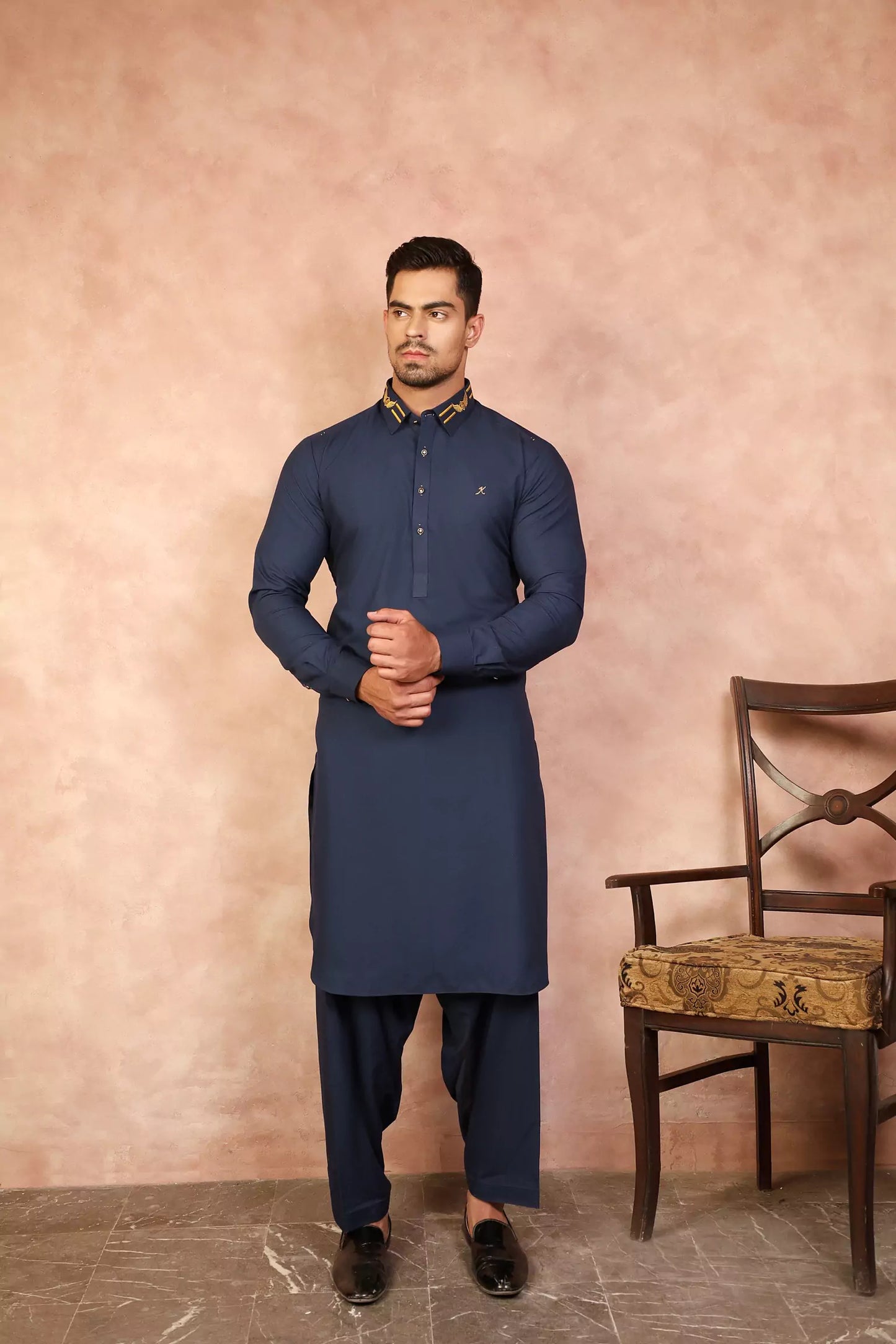 Admiral Blue Classic Signature Collar Shalwar Kameez