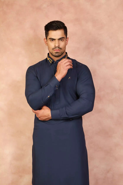 Admiral Blue Classic Signature Collar Shalwar Kameez