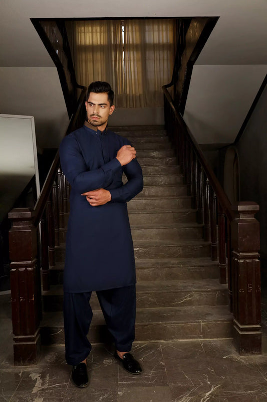 Navy Blue Self Shalwar Kameez