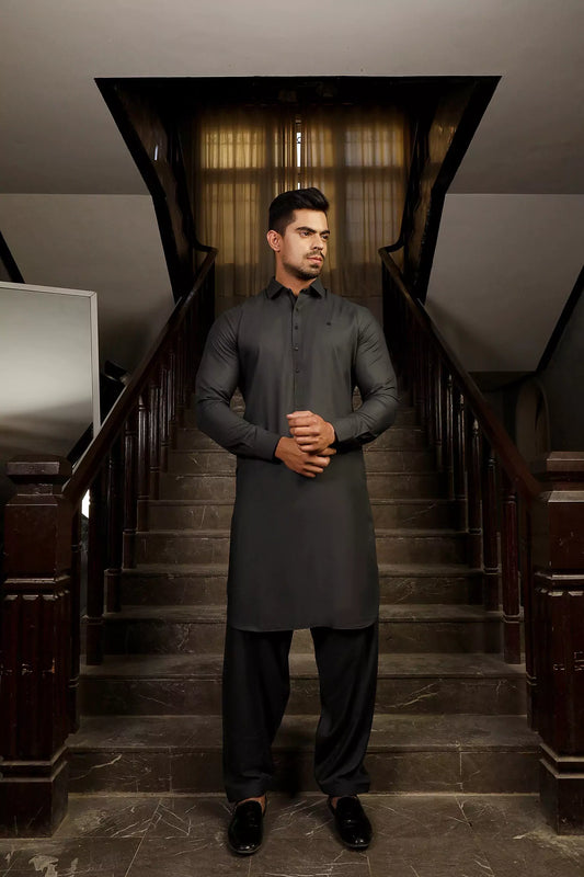 Metallic Grey Cut Way Collar Shalwar Kameez