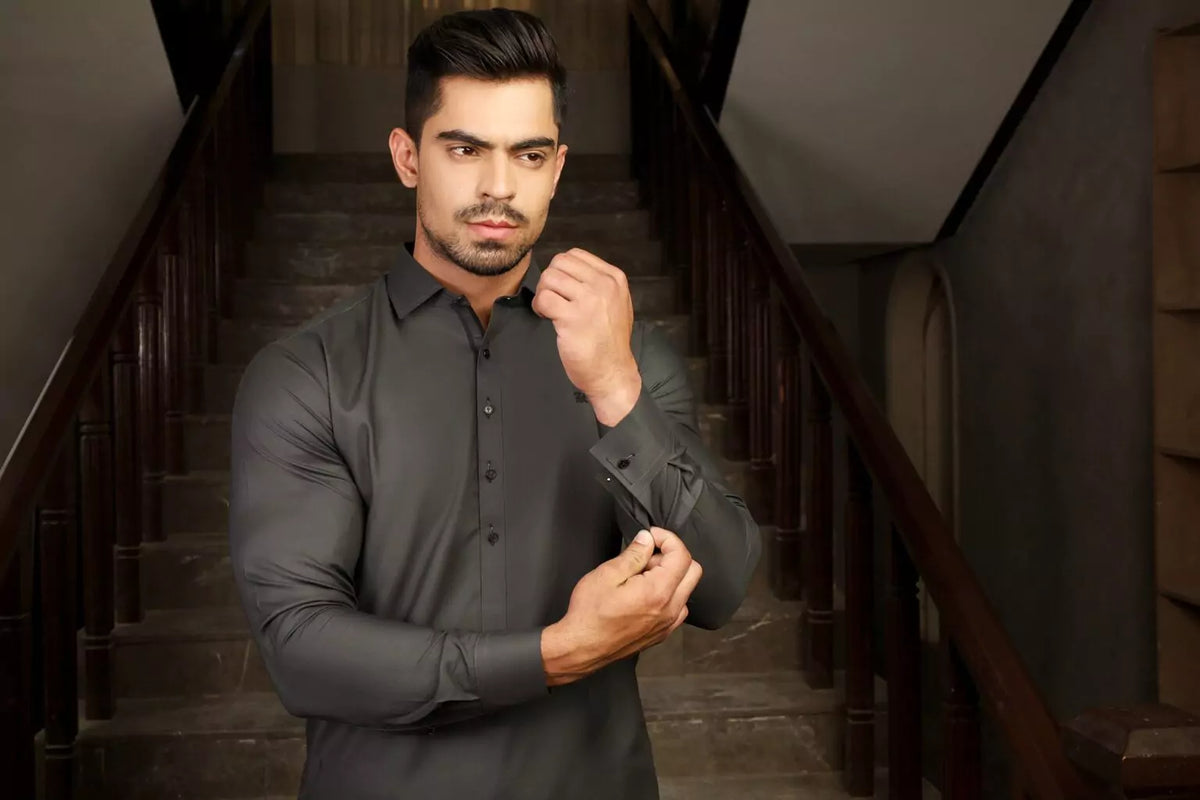 METTALIC GREY CUT WAY COLLAR SHALWAR KAMEEZ