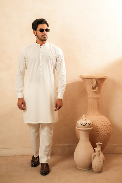 Off White Textured Kurta Trouser