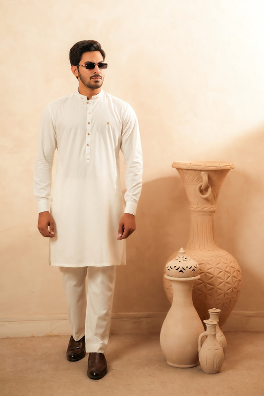 Off White Textured Kurta Trouser