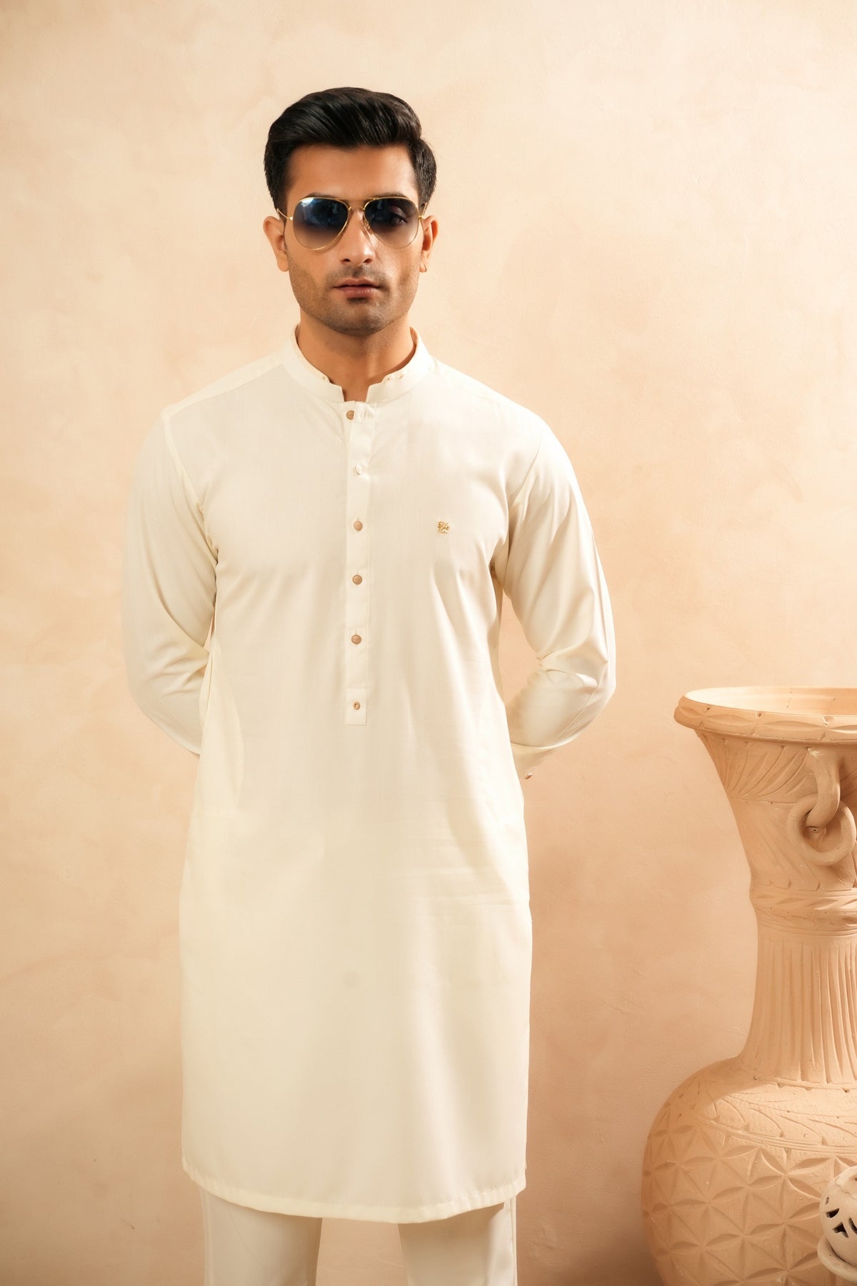 Cream White Mandarin Kurta Trouser
