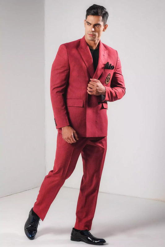 Red Wool Linen Double Breasted Suit