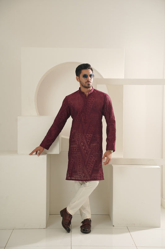 Red Pattern Embroidered Kurta Trouser