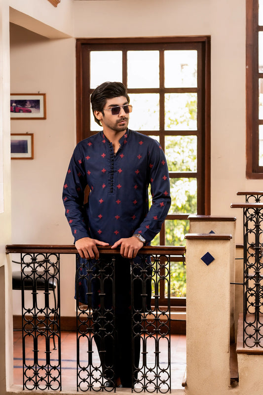 Blue with Maroon Embroidered Kurta