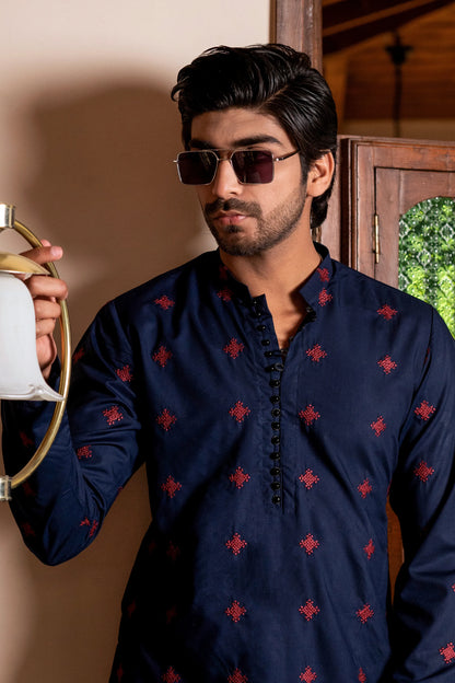 Blue with Maroon Embroidered Kurta