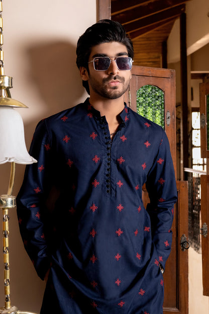 Blue with Maroon Embroidered Kurta