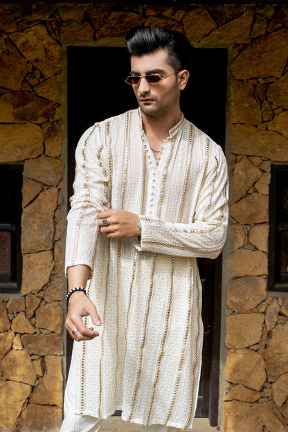 Pearl White Panni Work Kurta Trouser