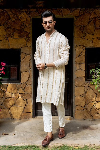 Pearl White Panni Work Kurta Trouser