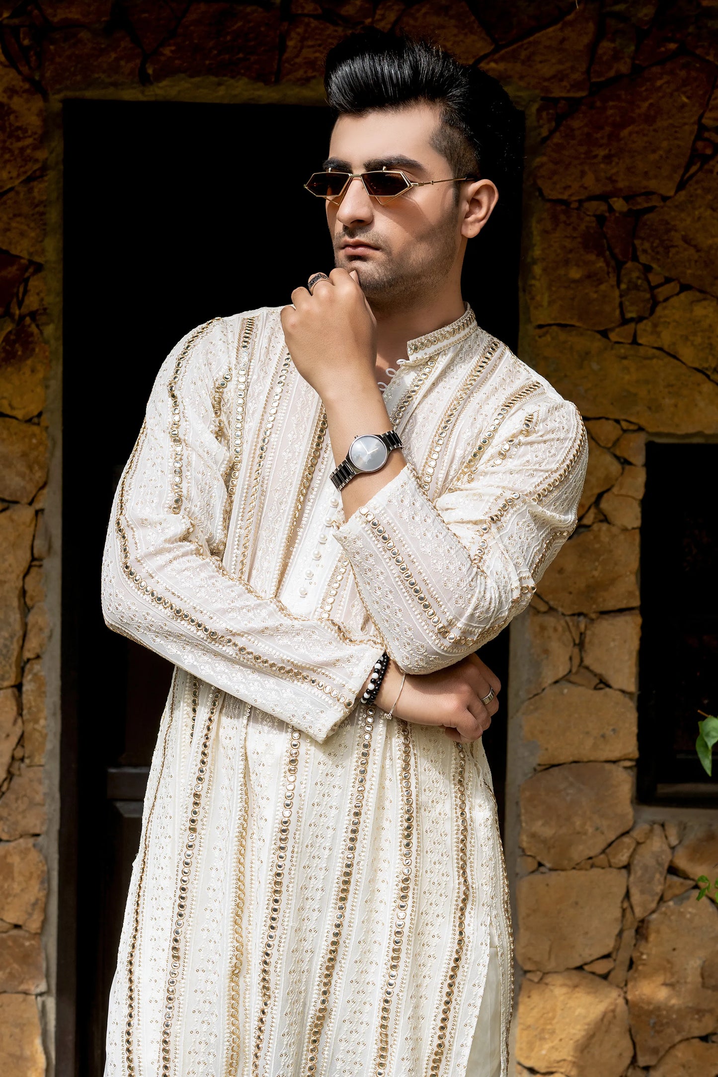 Pearl White Panni Work Kurta Trouser