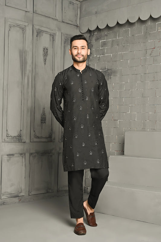 Black Cotton Silk Embroidered Kurta Trouser