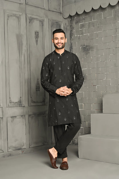 Black Cotton Silk Embroidered Kurta Trouser