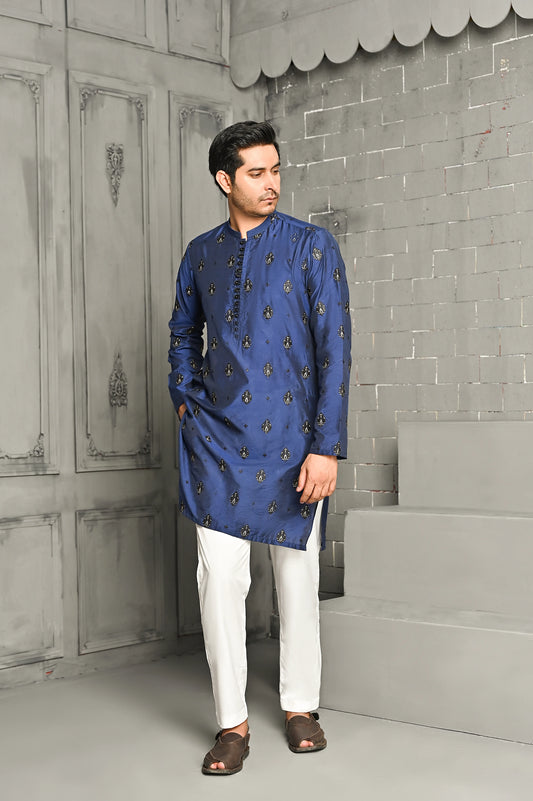 Blue Cotton Silk Embroidered Kurta Trouser