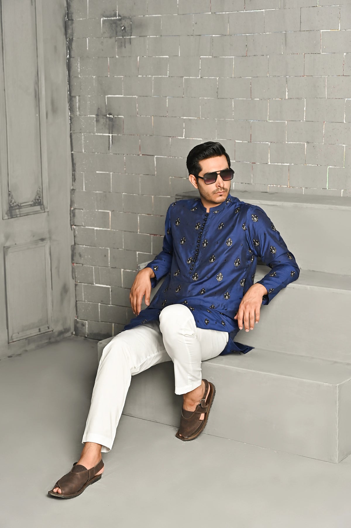Blue Cotton Silk Embroidered Kurta Trouser