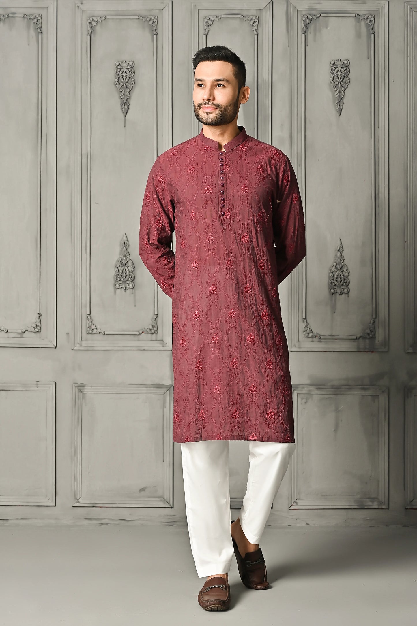 Rose Red Embroidered Kurta Trouser