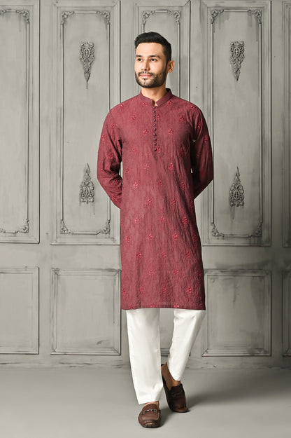 Rose Red Embroidered Kurta Trouser