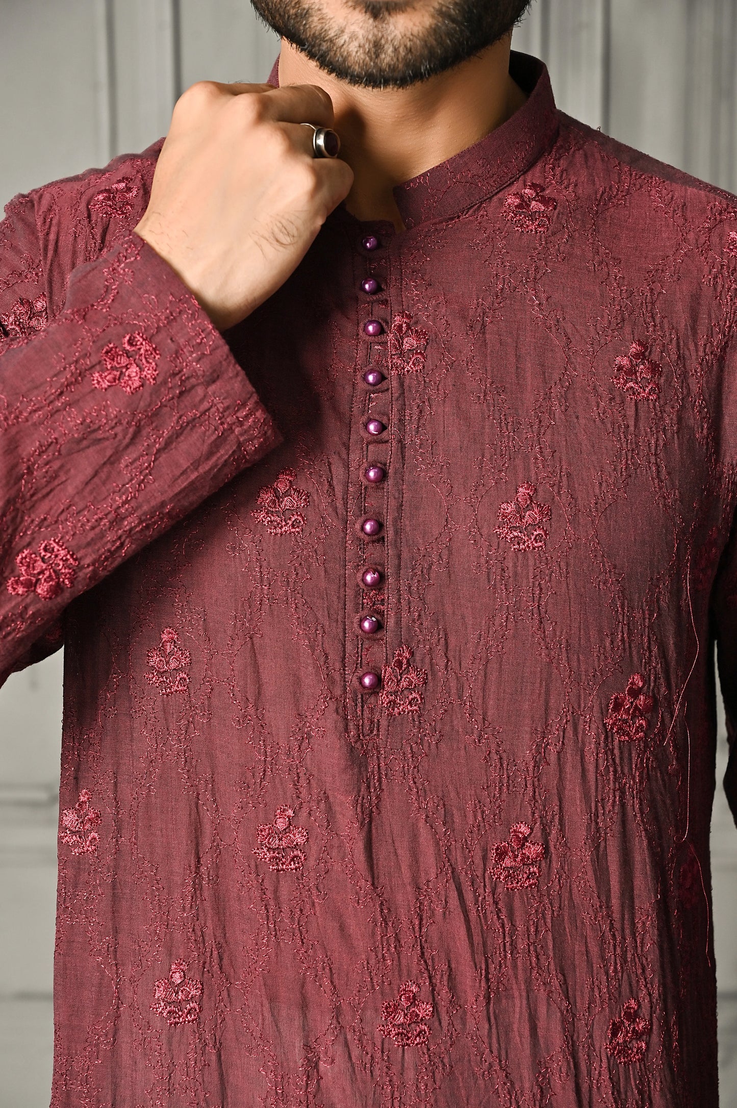 Rose Red Embroidered Kurta Trouser