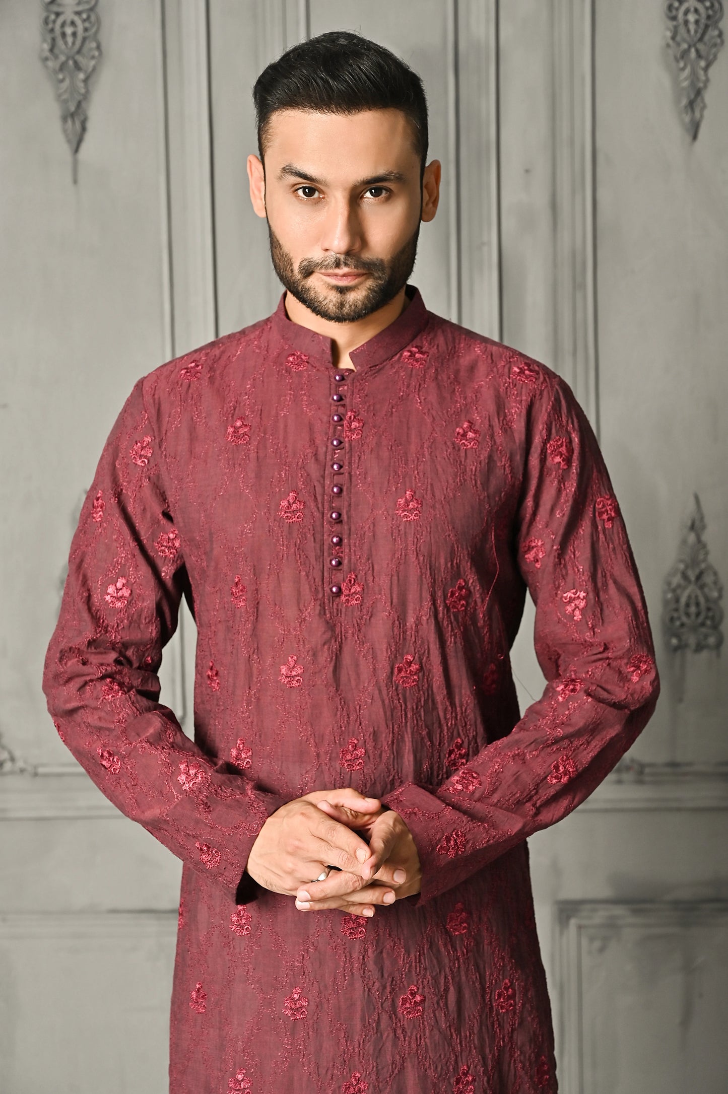 Rose Red Embroidered Kurta Trouser