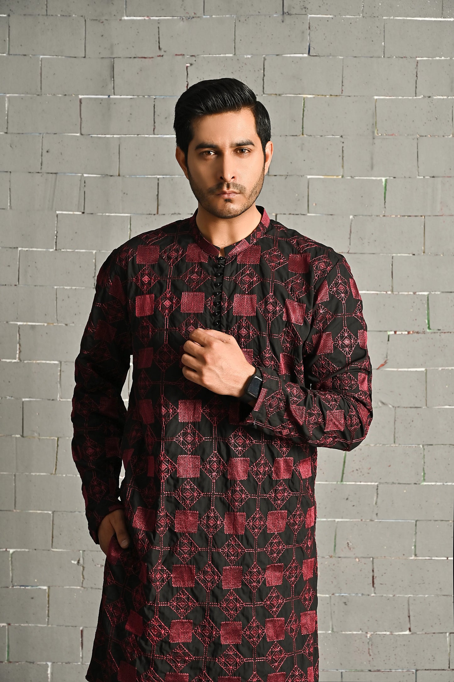 Black & Red Embroidered Kurta Trouser