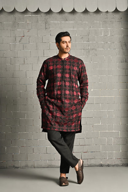 Black & Red Embroidered Kurta Trouser