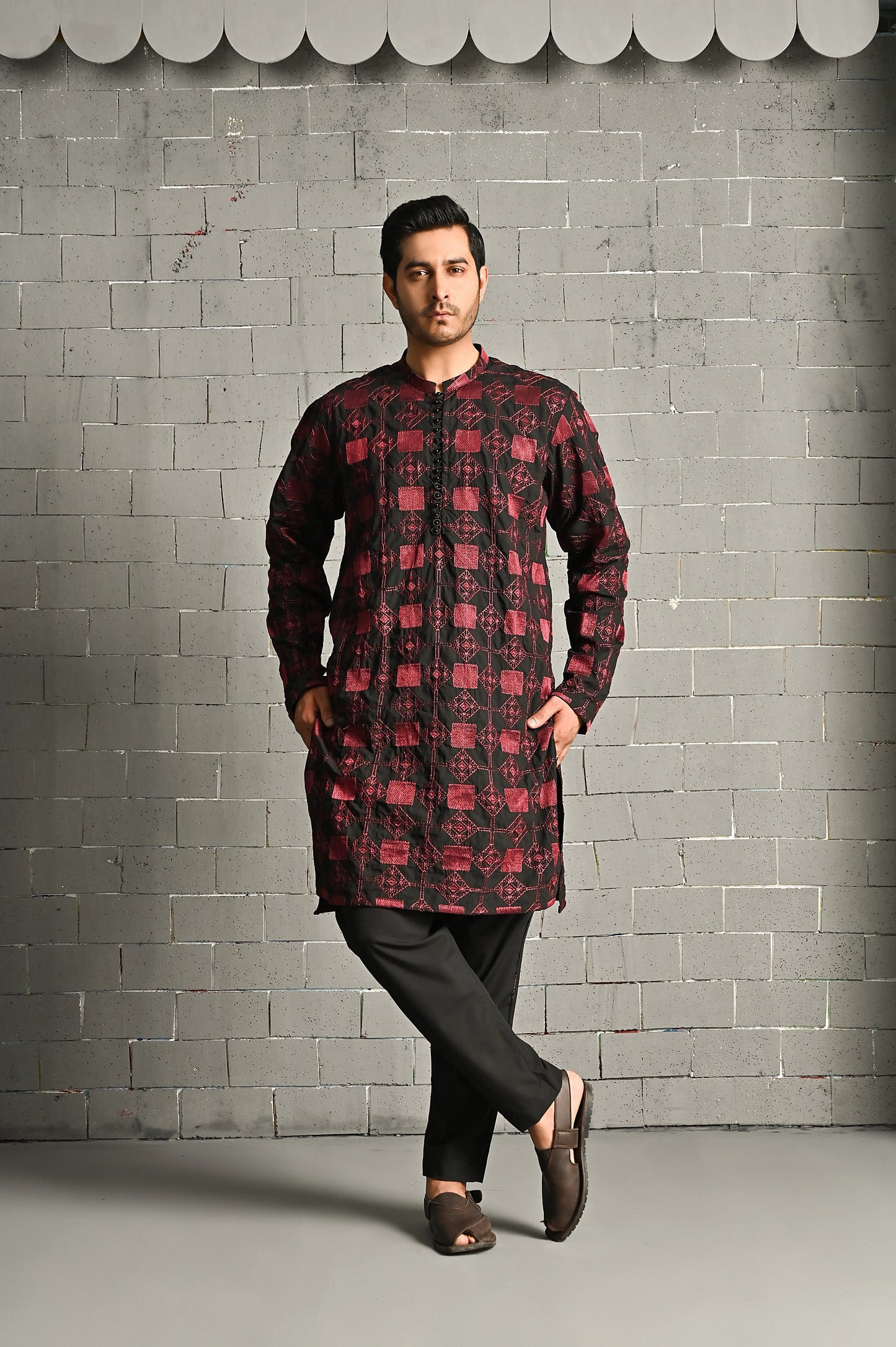 Black & Red Embroidered Kurta Trouser