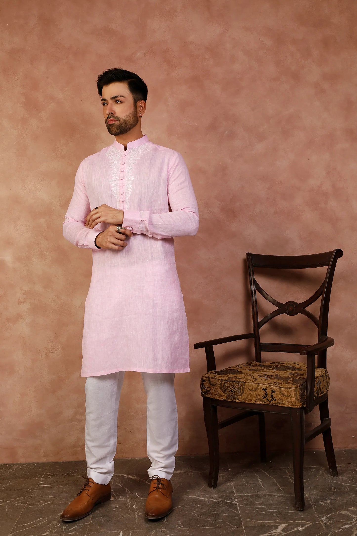 Powder Pink Irish Linen Embroidered Kurta