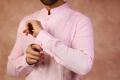 Powder Pink Irish Linen Embroidered Kurta