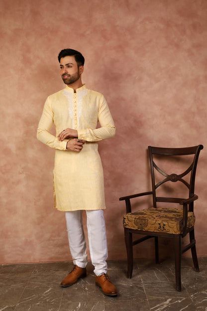 Yellow Irish Linen Embroidered Kurta