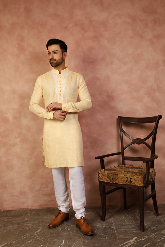 Yellow Irish Linen Embroidered Kurta