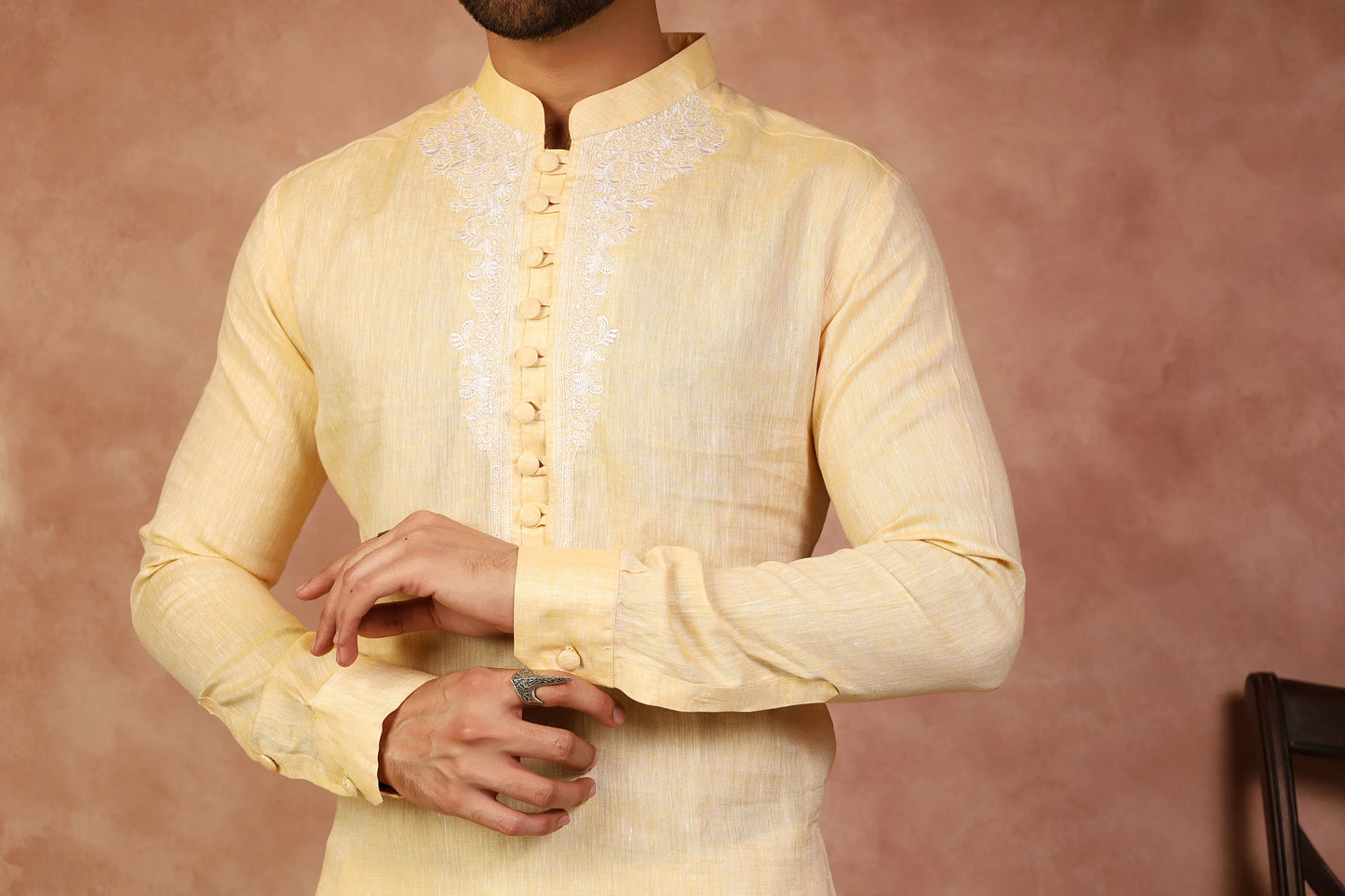 Yellow Irish Linen Embroidered Kurta