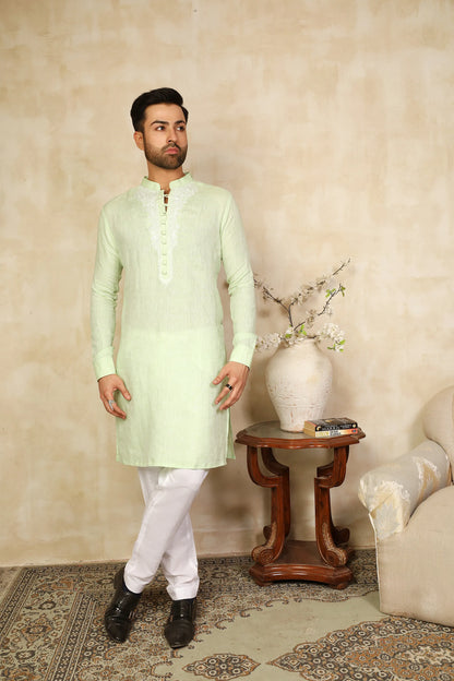 Powder Green Irish Linen Embroidered Kurta