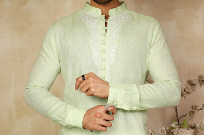 Powder Green Irish Linen Embroidered Kurta