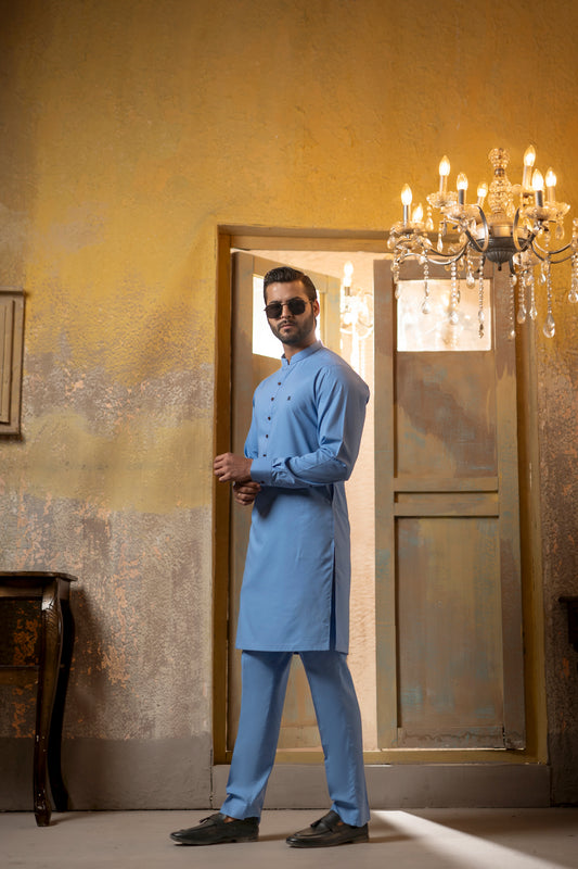 SKY BLUE MANDARIN KURTA TROUSER