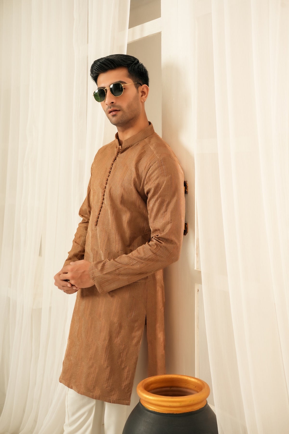 Coffee Embroidered Kurta Trouser