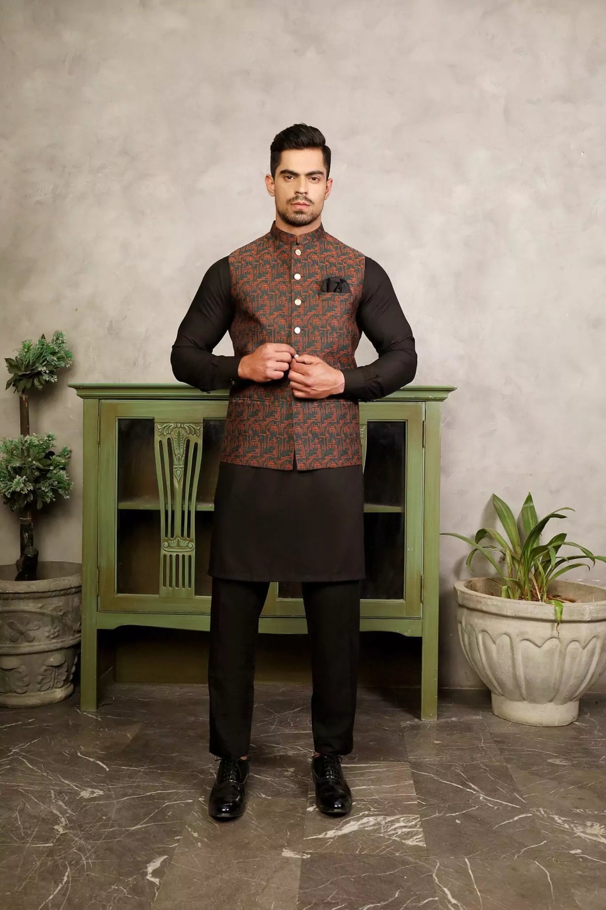 Green & Mustard Printed Waist Coat