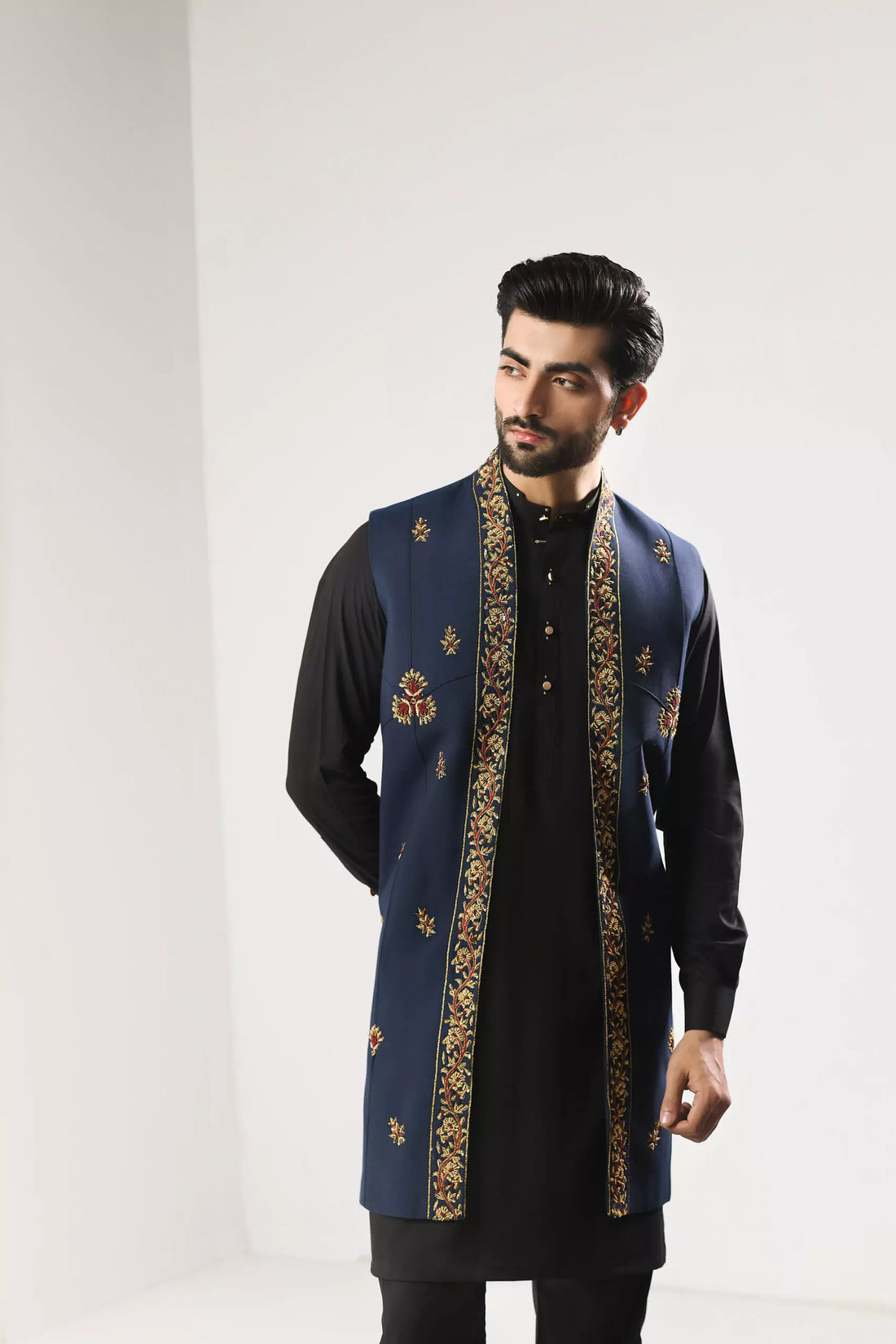 Navy Blue Hand Embroidered Front Open Gown
