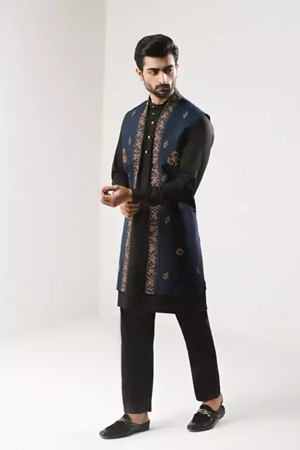 Navy Blue Hand Embroidered Front Open Gown