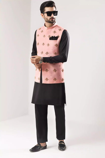 Cotton Silk Peachy Pink Embroidered Waist Coat