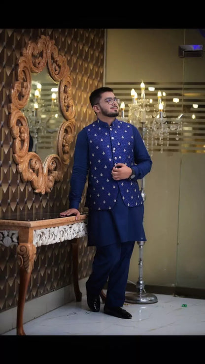 Royal Blue with Golden Embroidered Waist Coat