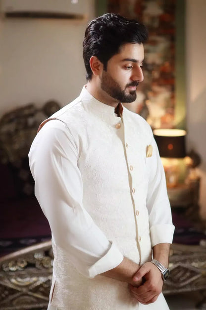 White Embroidered Waist Coat with Pocket Square