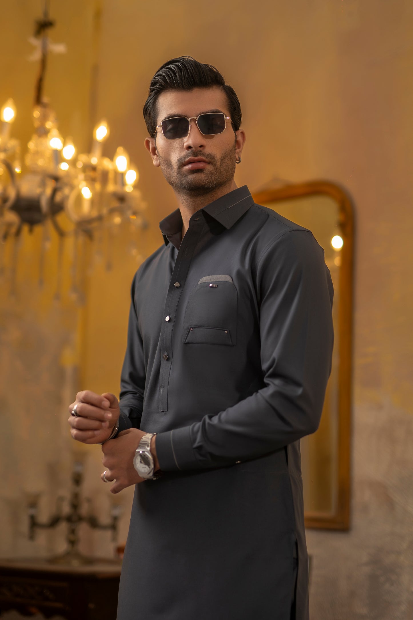 GREY CLASSIC COLLAR SHALWAR KAMEEZ