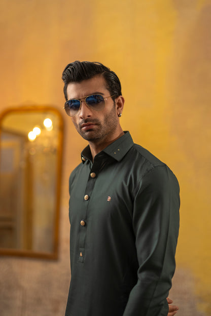 BOTTLE GREEN CLASSIC COLLAR SHALWAR KAMEEZ