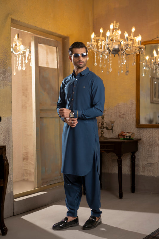 TEAL BLUE CLASSIC COLLAR SHALWAR KAMEEZ