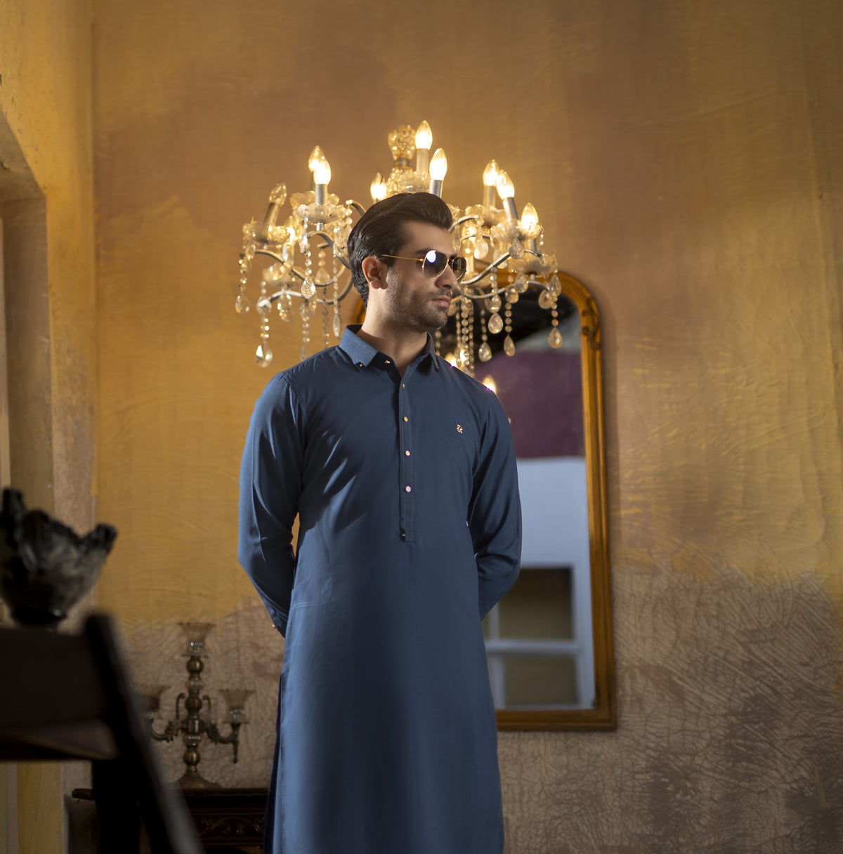 TEAL BLUE CLASSIC COLLAR SHALWAR KAMEEZ