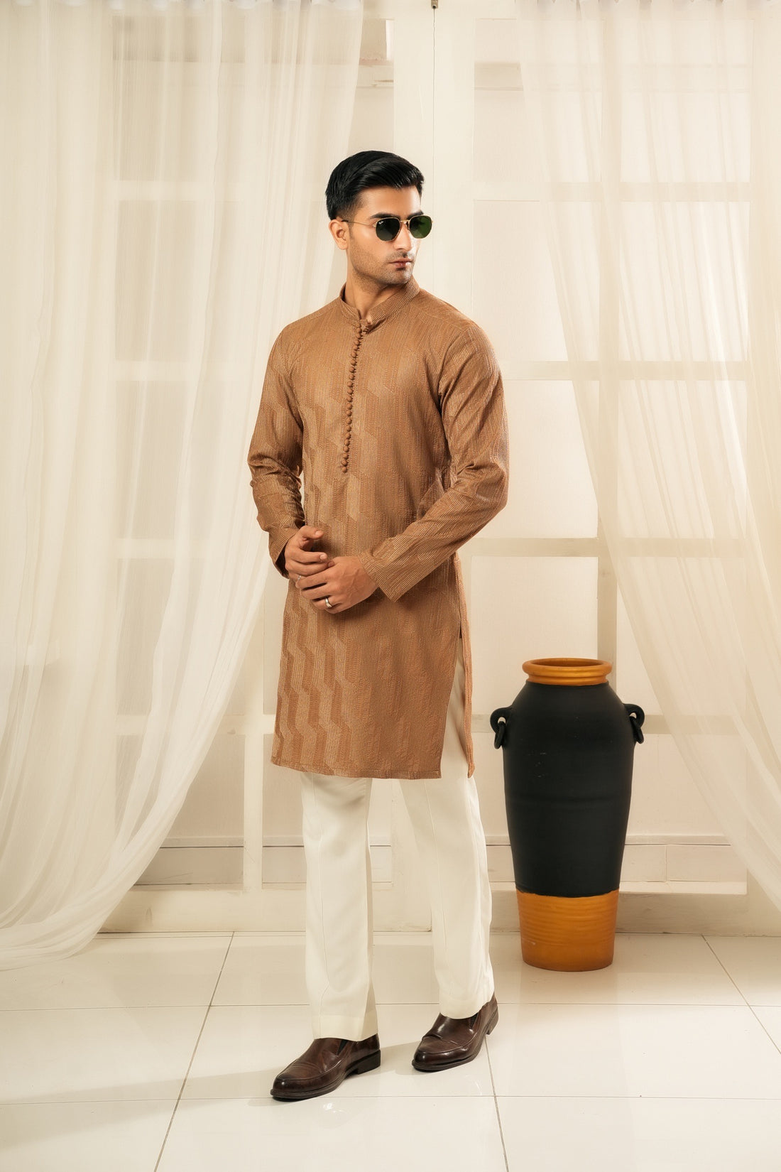 Coffee Embroidered Kurta Trouser